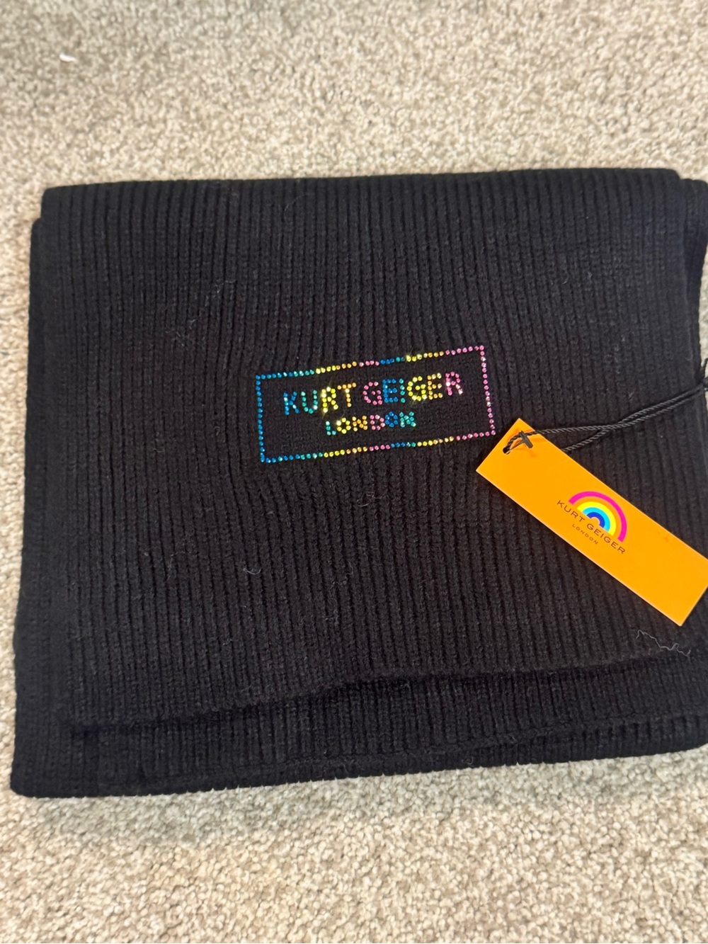 Kurt Geiger Black Knit Scarf with Rainbow Logo Embellishment
